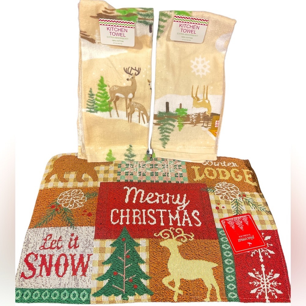 3 Pcs~Reindeer Christmas Theme 1~Placemat Tapestry 13” x 19” & 2 kitchen Towel